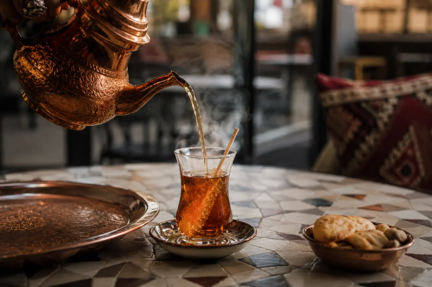 Tea poured from a copper pot into a glass on a mosaic table